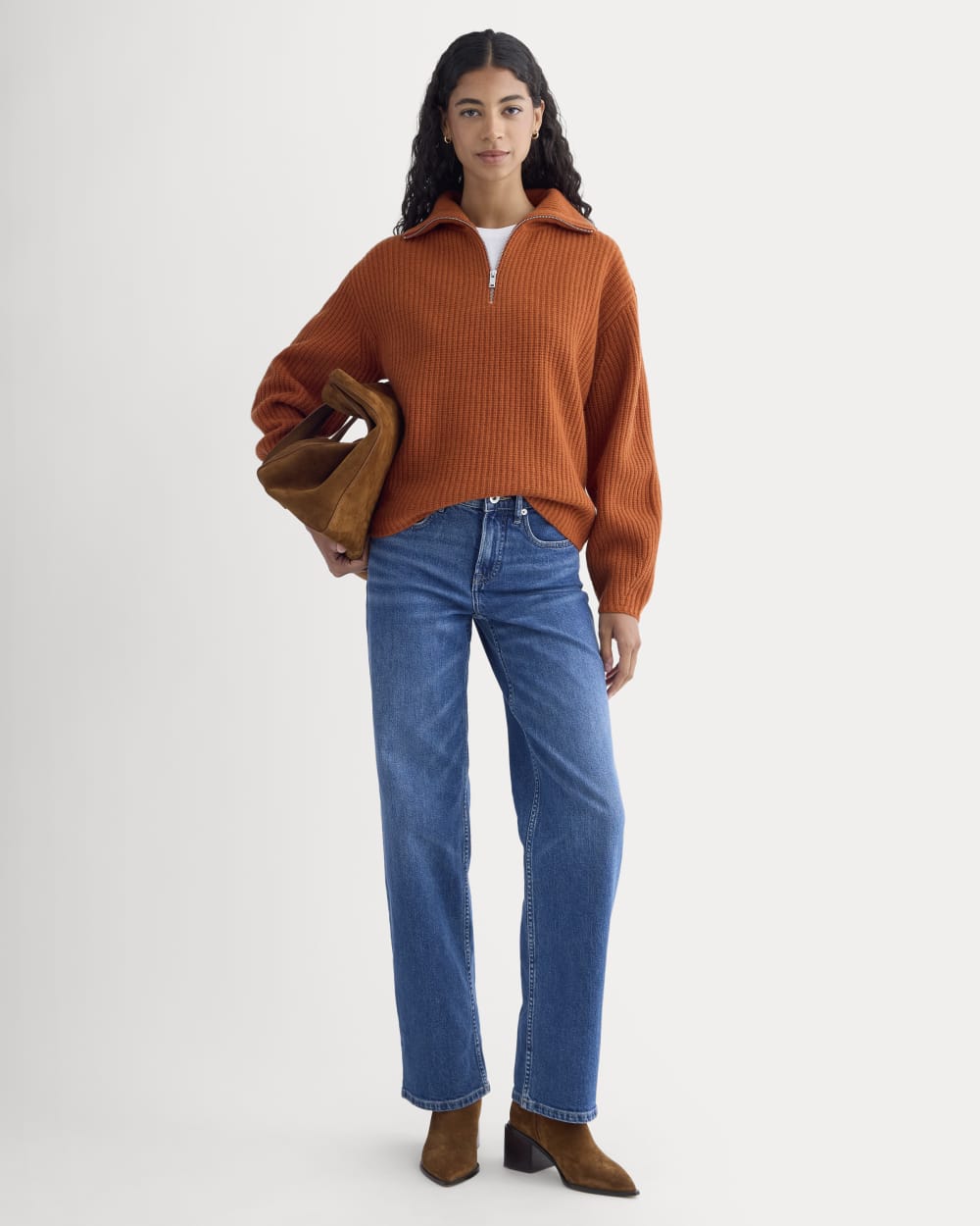 The Half-Zip Sweater in Luxe Merino in Rust Heather — detail view