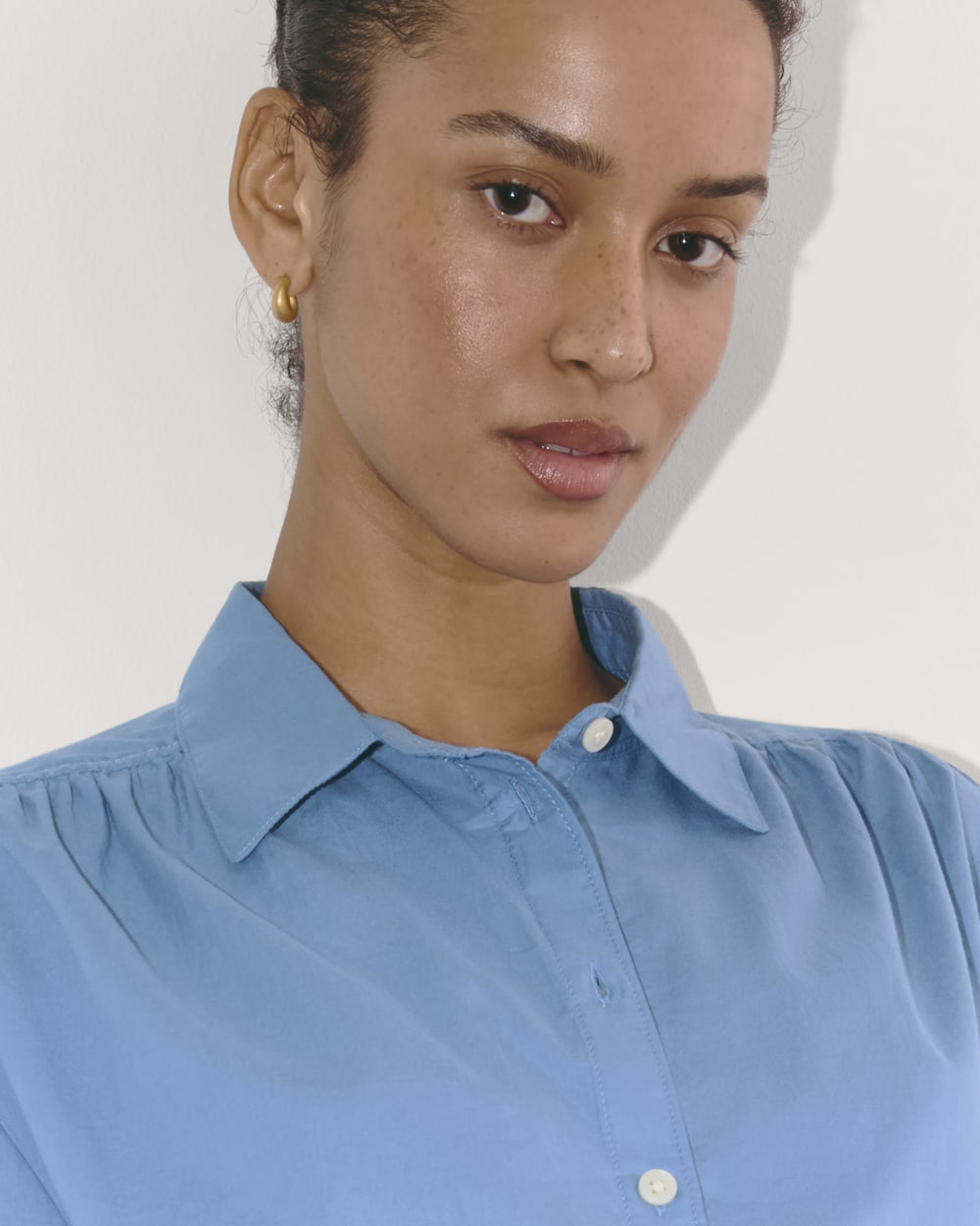 The Gathered Shirt in Silky Cotton in Bluebell — detail view
