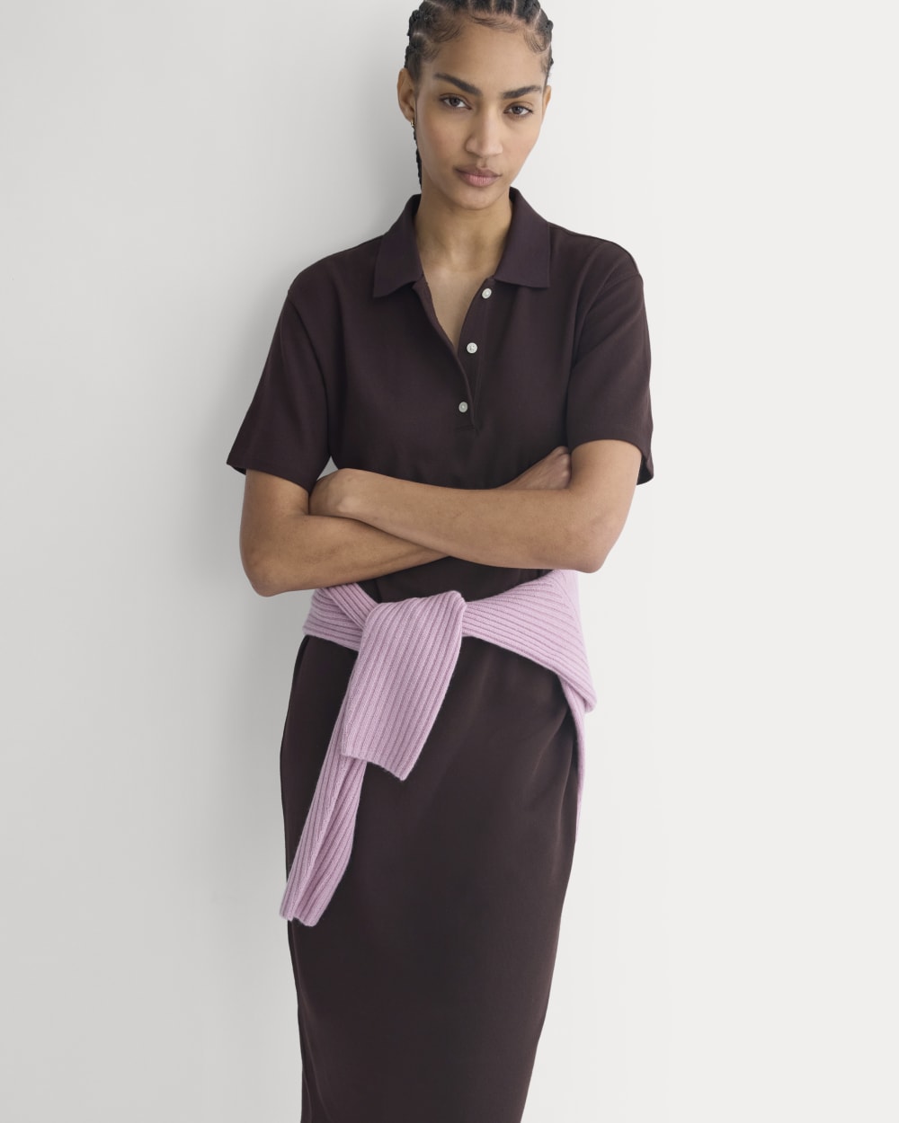 Pique Polo Short-Sleeve Dress in Dark Chocolate — detail view