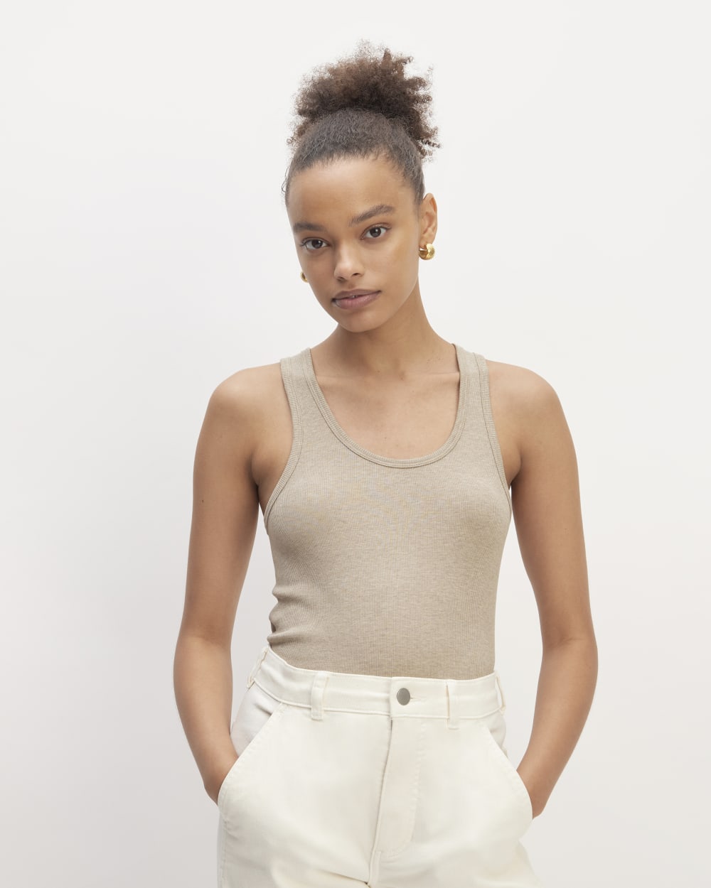 The Luxe Rib Tank in Heathered Tan — front view