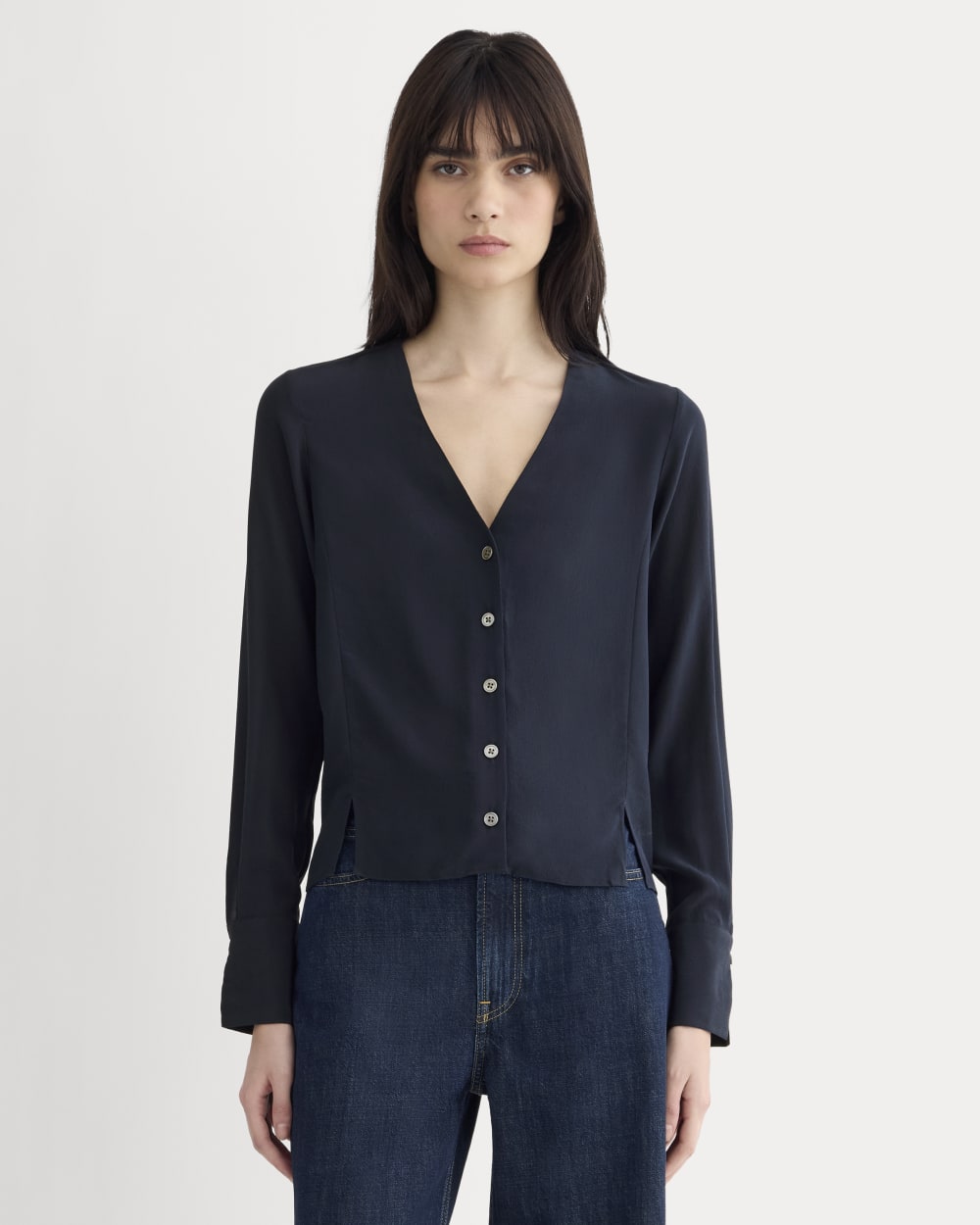 The V-Neck Blouse in Washable Silk in Navy — front view