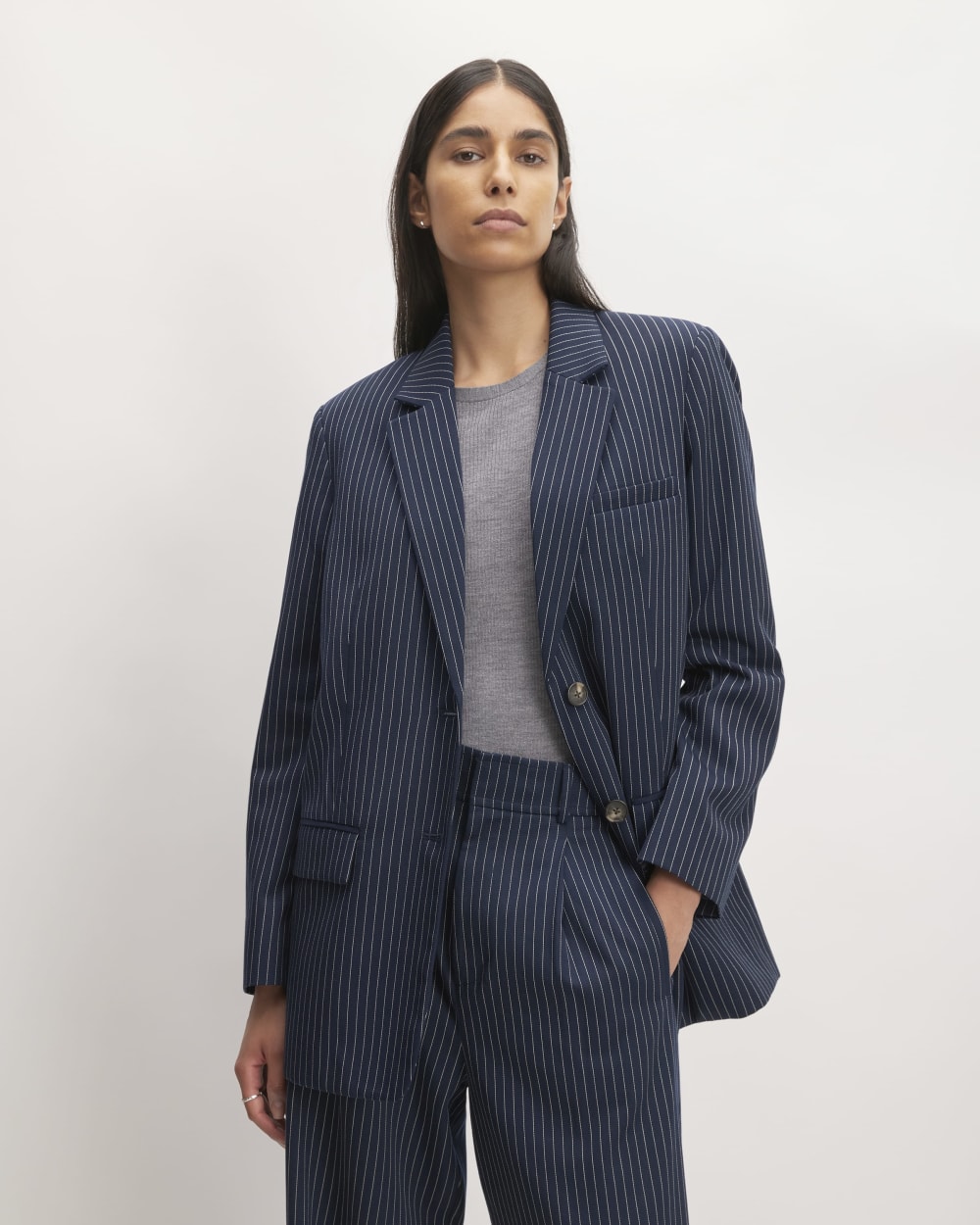 The Oversized Blazer in Buttersmooth in Navy / Bone — front view