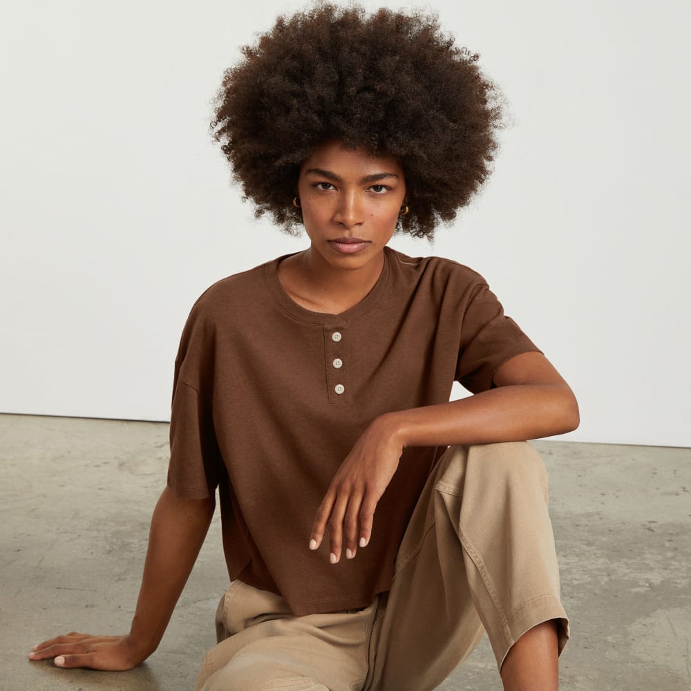 The Vintage Henley Hemp Tee in Espresso — detail view