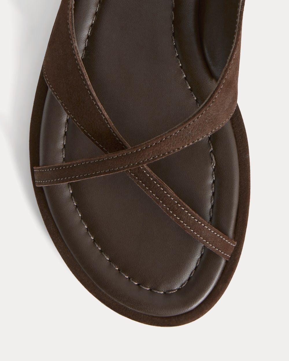 The Leather Crisscross Sandal in Burnt Umber — detail view