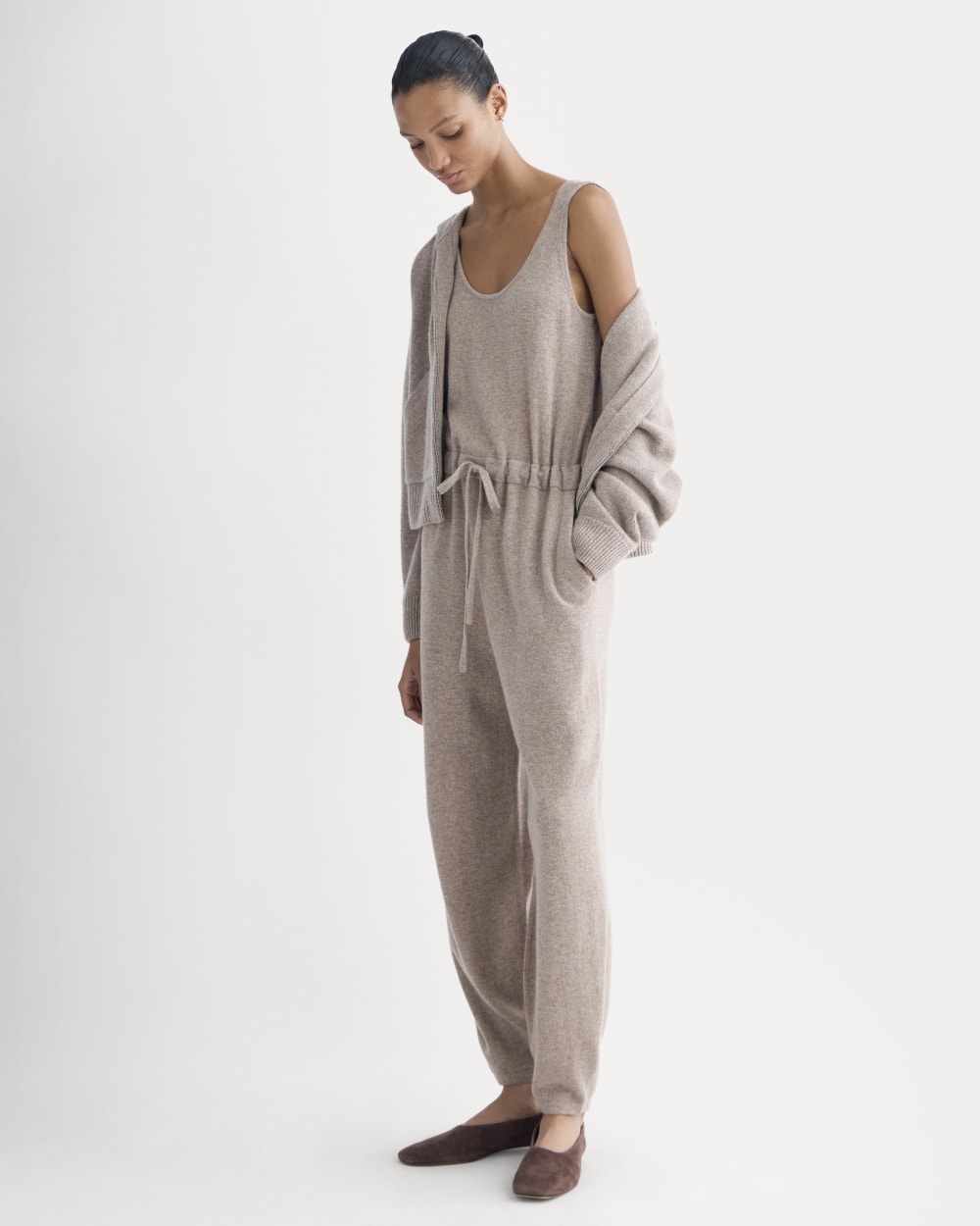 Cashmere Lounge Jumpsuit in Oatmeal — detail view