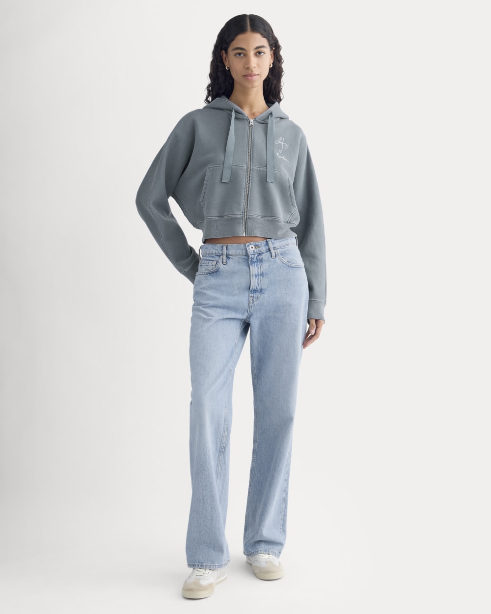 Everlane x The Laufey Foundation Cropped Full-Zip Hoodie in Vintage Indigo — detail view