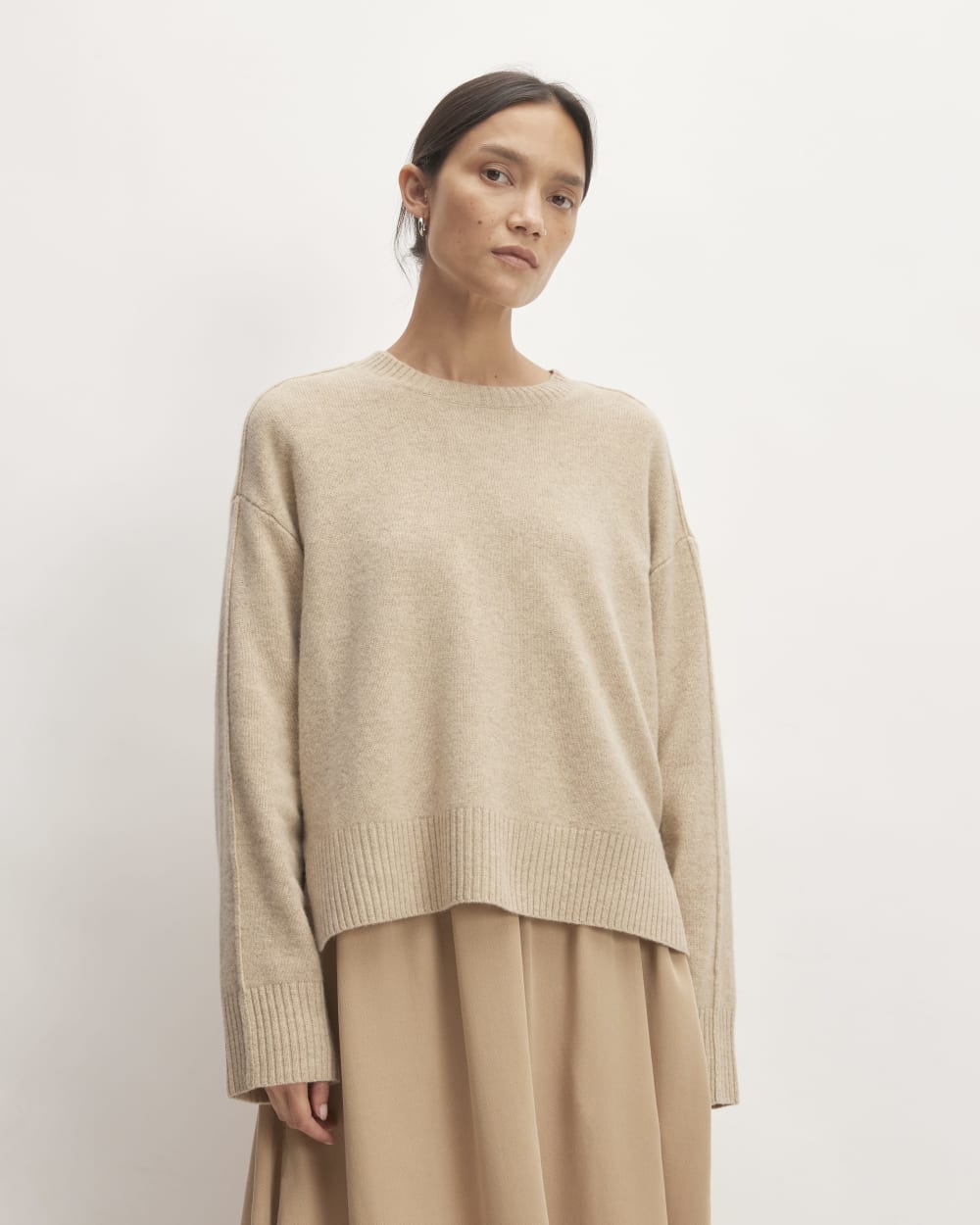 The Good Merino Wool Crewneck Sweater in Light Camel / Dark Oat — front view
