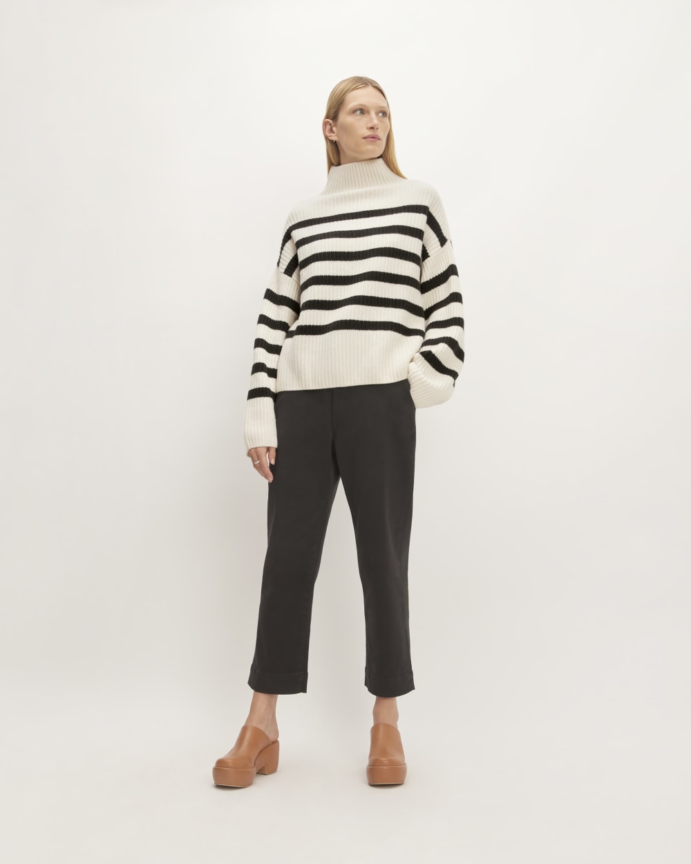 The Felted Merino Funnel-Neck Pullover in Black / Bone — detail view
