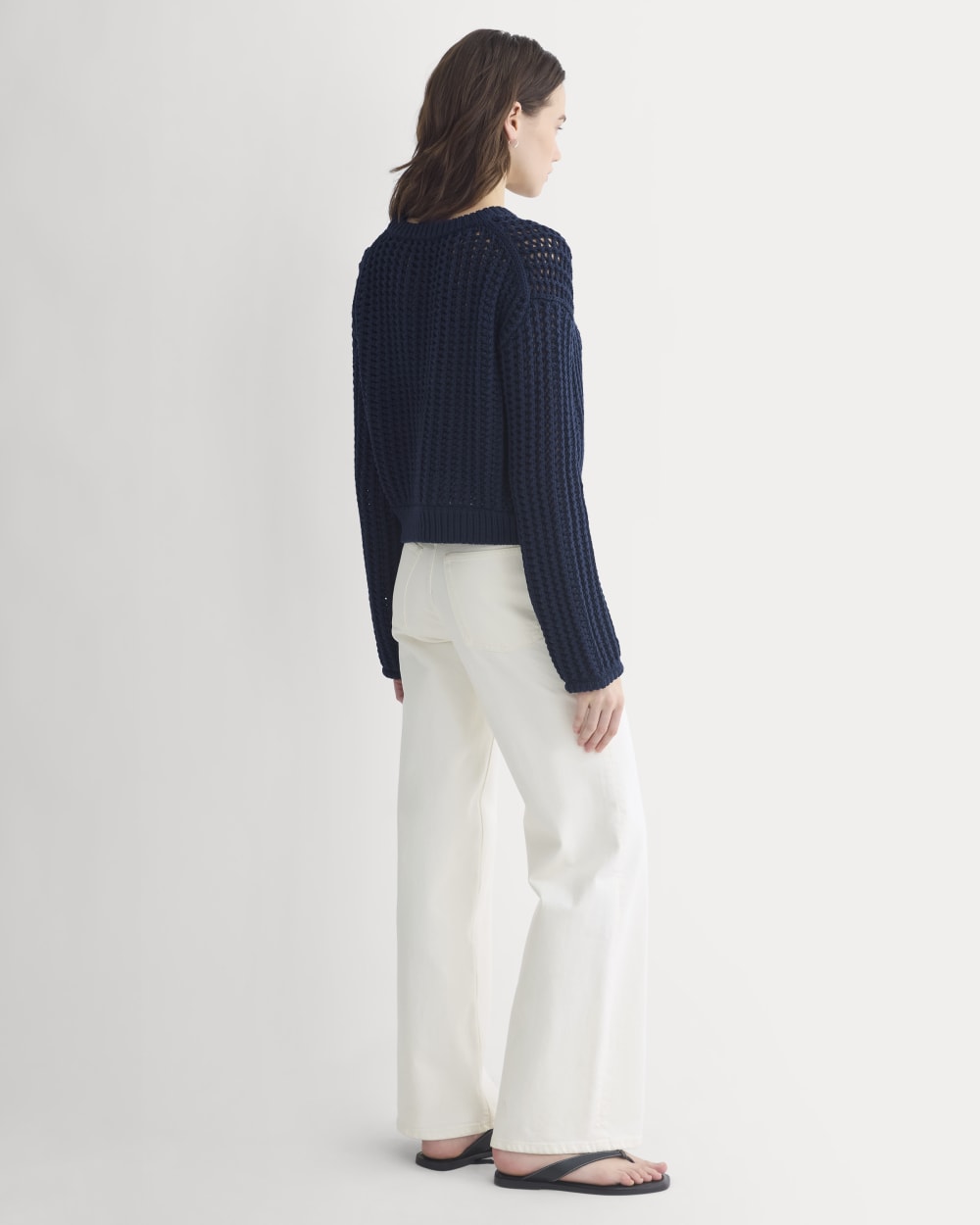 Open-Knit Crew in Elevated Cotton in Navy — detail view