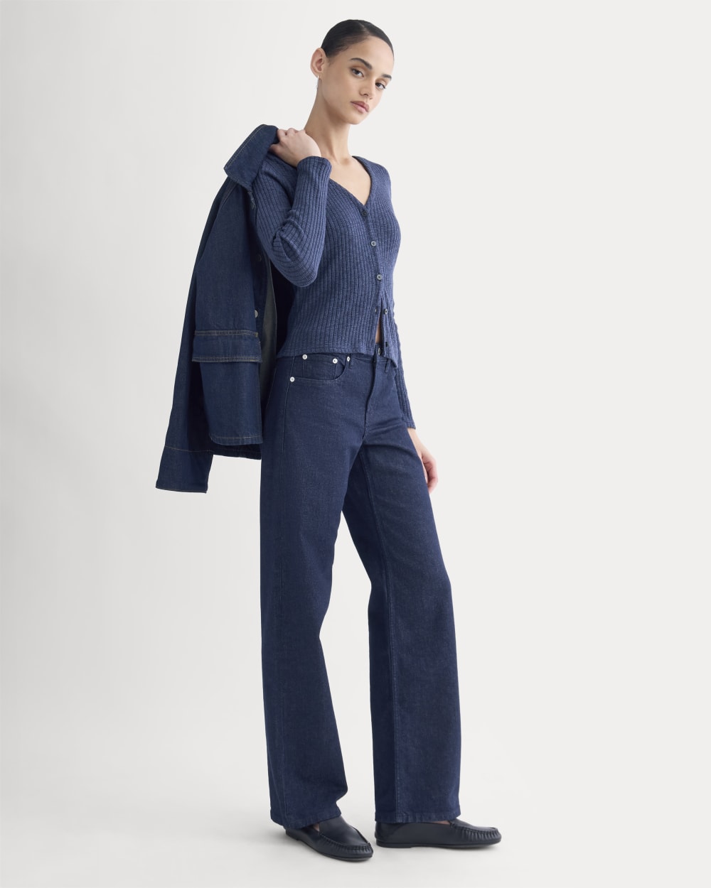 The Cozy Rib Cardigan in Mood Indigo — detail view