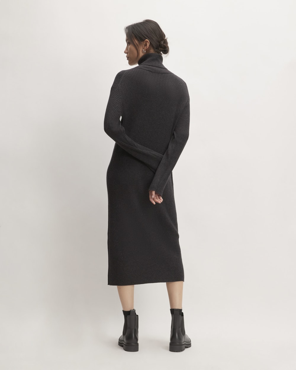 The Cotton-Merino Turtleneck Dress in Heather Charcoal — detail view
