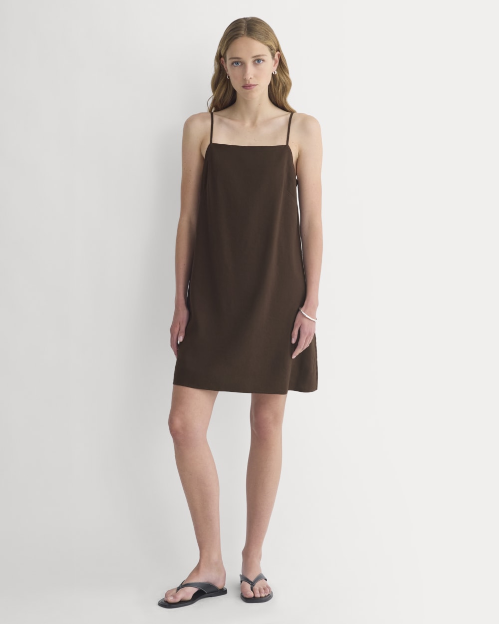 Mini Shift Dress in Stretch Linen in Dark Brown — front view
