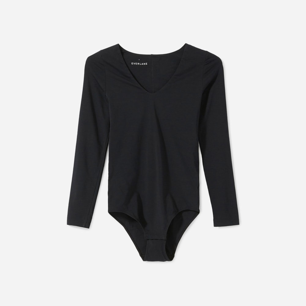 The Long-Sleeve V-Neck Bodysuit in Black — front view