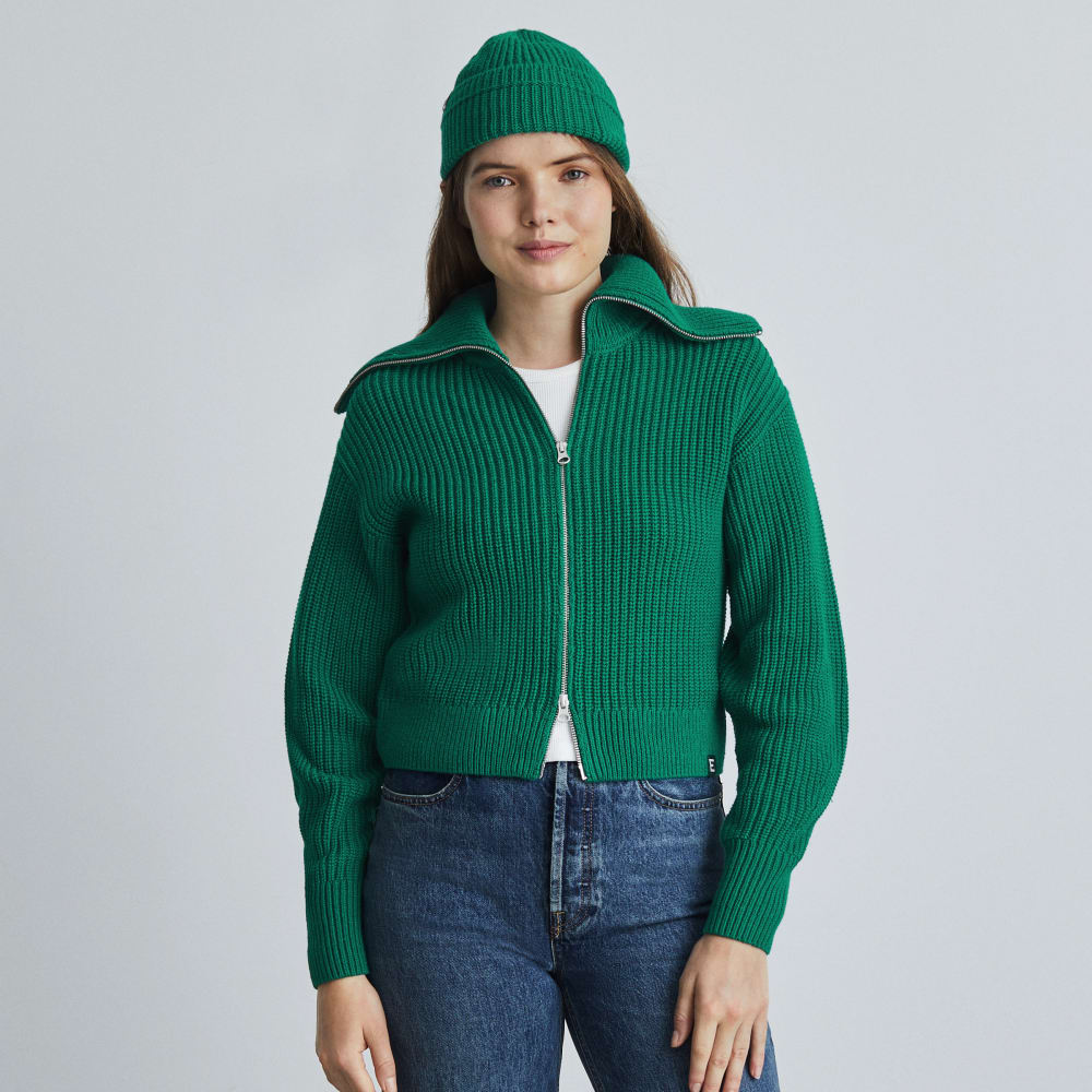 The Chunky Cardigan in Ultramarine Green — detail view