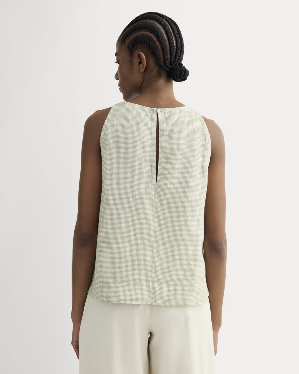 The Linen High-Neck Tank in Elm Gingham — detail view