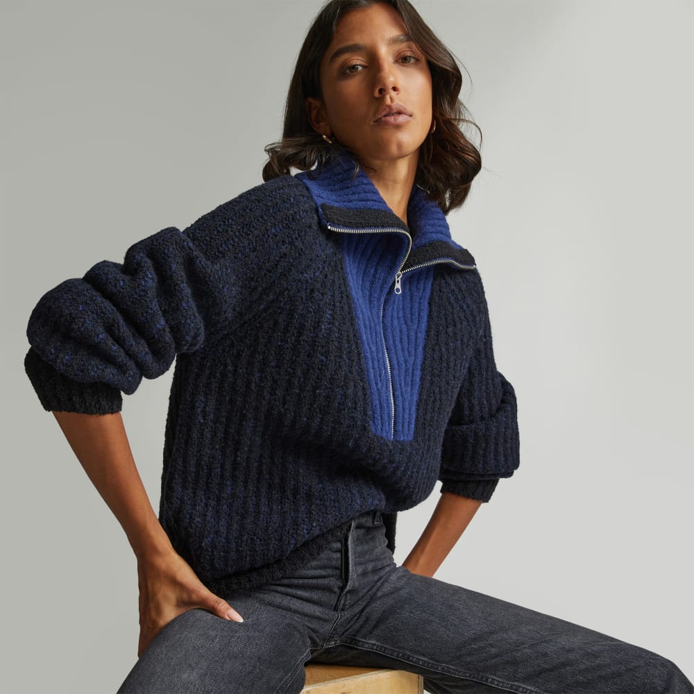 The Luxe Teddy Oversized Half Zip Sweater in Black / Ocean Cavern — detail view