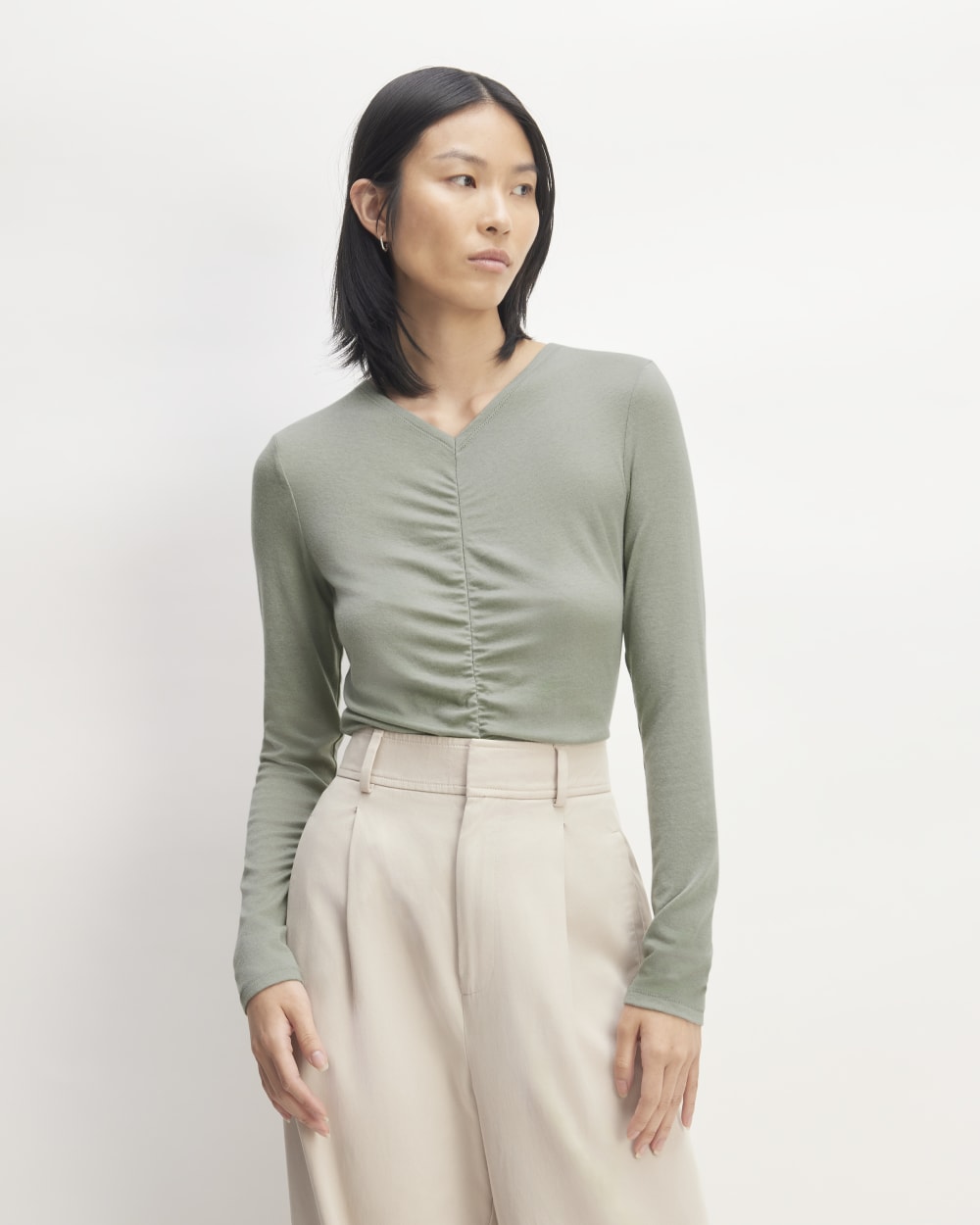 The Ruched V-Neck Tee in Butterluxe in Sage Green — front view