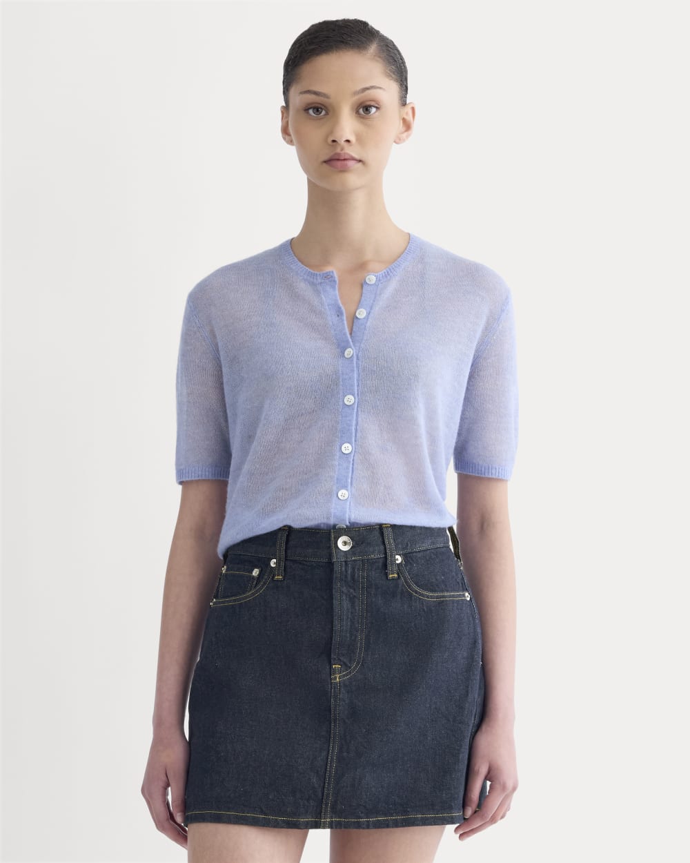 The Air Alpaca™ Short-Sleeve Cardigan in Soft Blue — front view