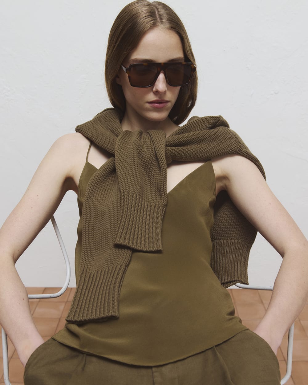 The Tie Back Cami in Washable Silk in Beech — detail view