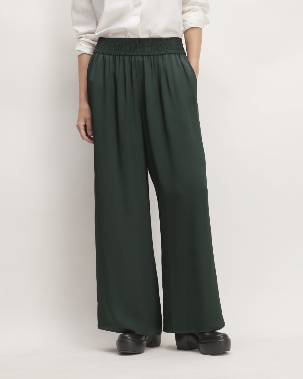 The Satin Pull-On Pant in Scarab — detail view