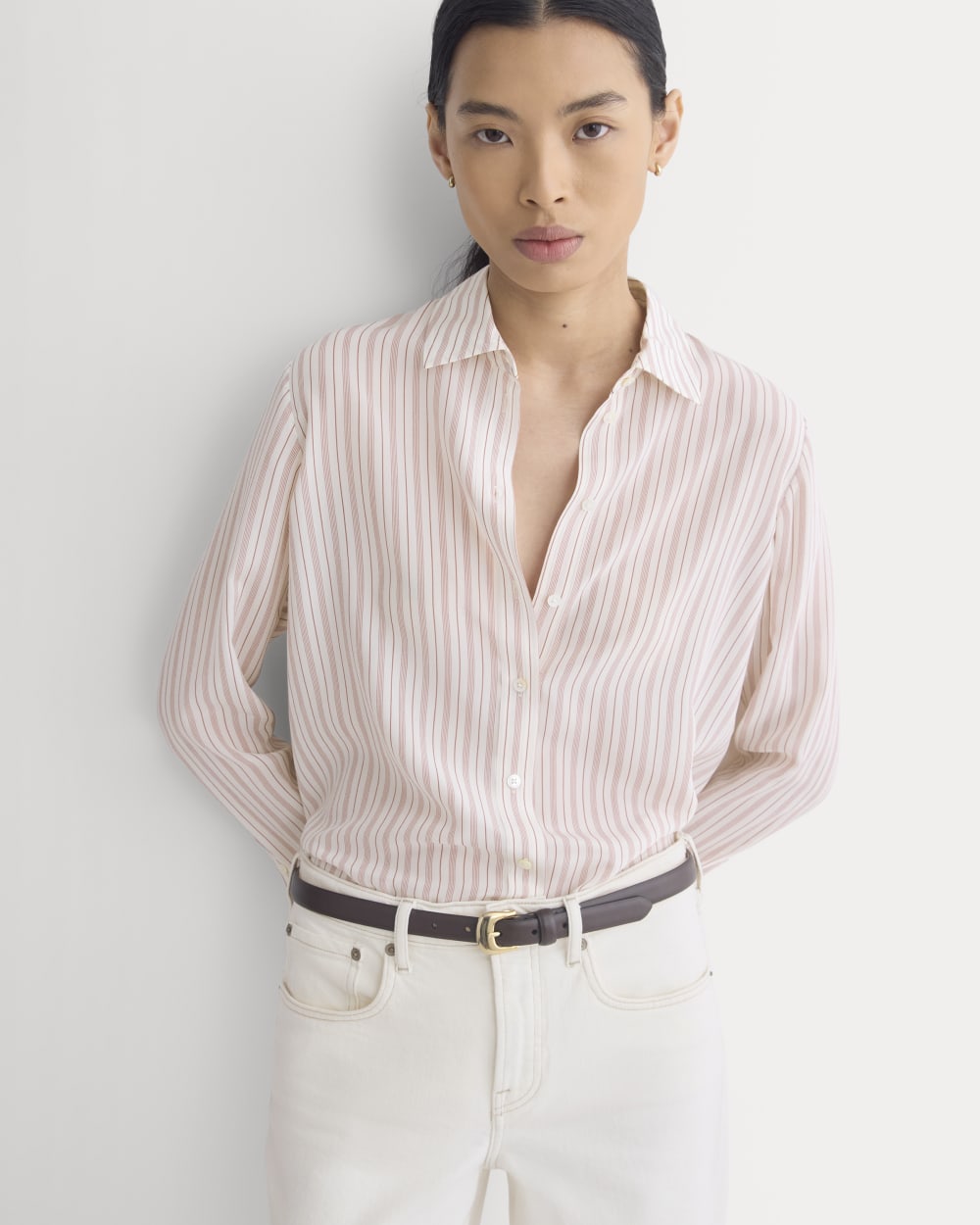 The Must-Have Shirt in Washable Silk in Bone / Rose — front view