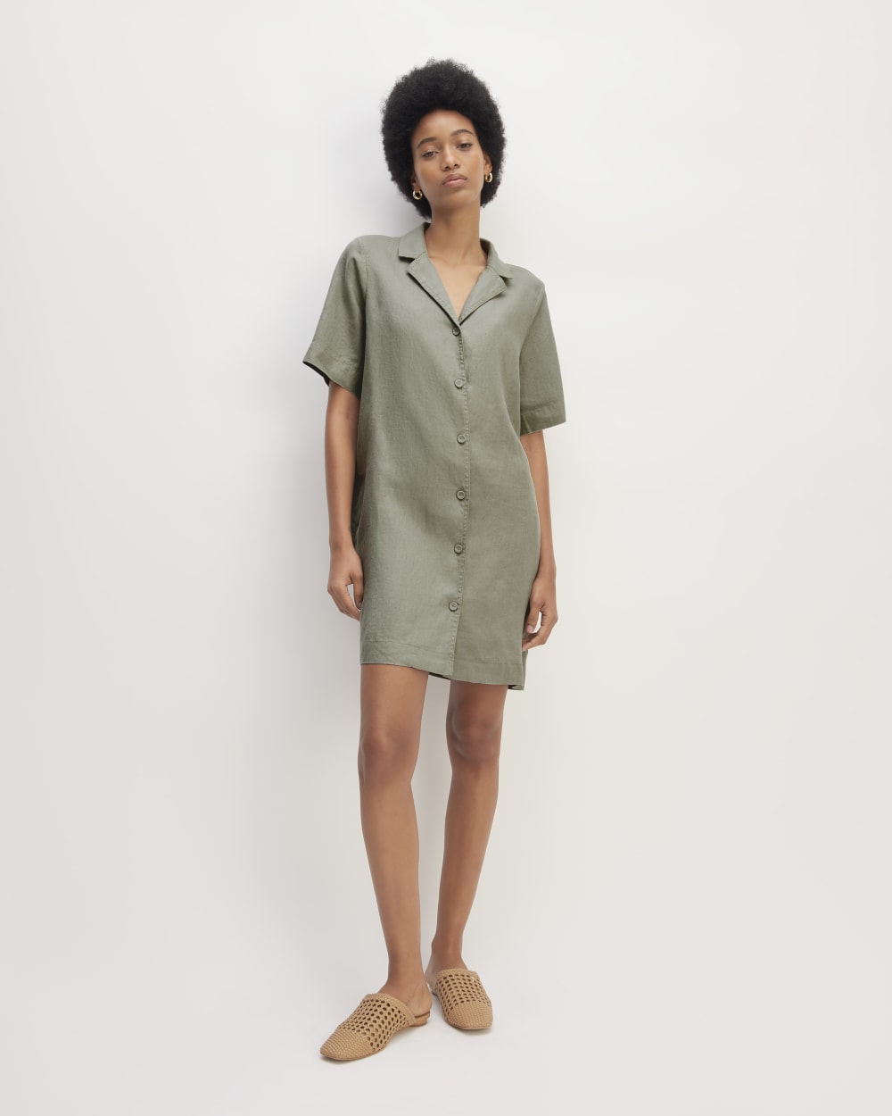 The Shirtdress in Linen in Sage Green — front view