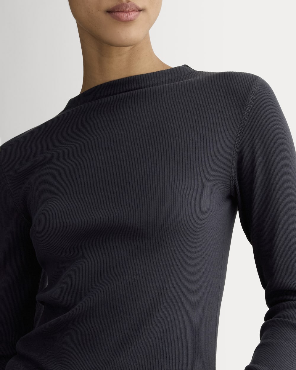 The Luxe Rib Funnel-Neck Tee in Navy — detail view