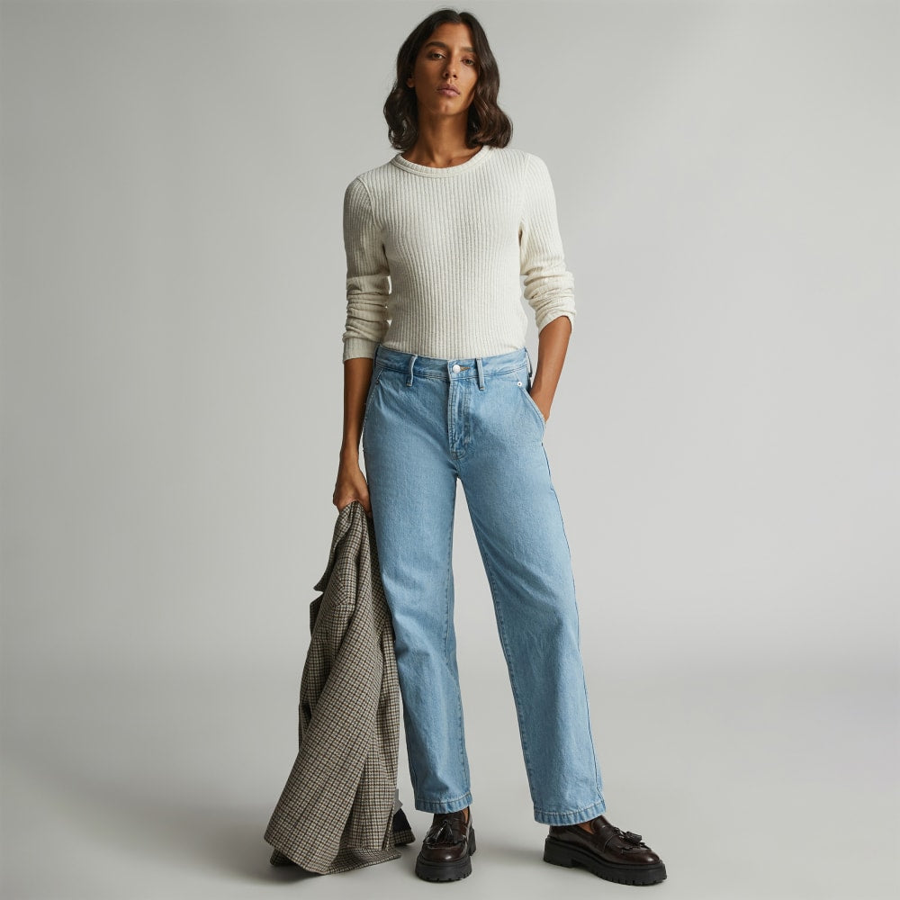 The Cinch Back Utility Jean in Sunkissed Blue — detail view