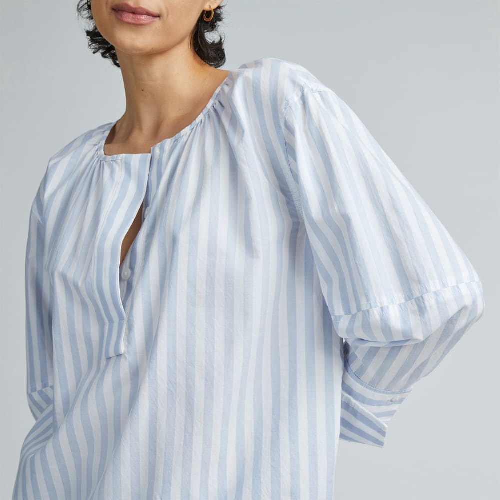 The Silky Cotton Balloon Sleeve Top in Periwinkle / White — detail view