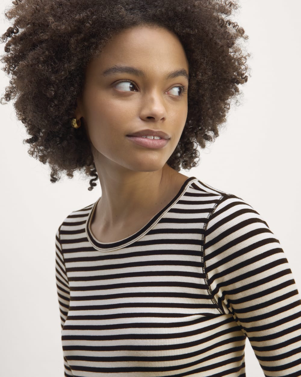 The Luxe Rib Long-Sleeve Crew in Bone / Black — detail view