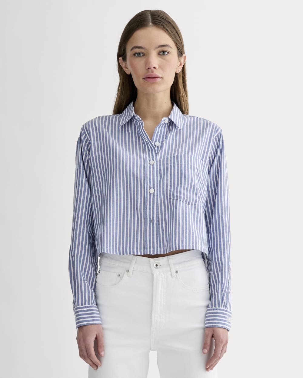 The Way-Short Shirt in Silky Cotton in Bone / Mazarine Blue — front view