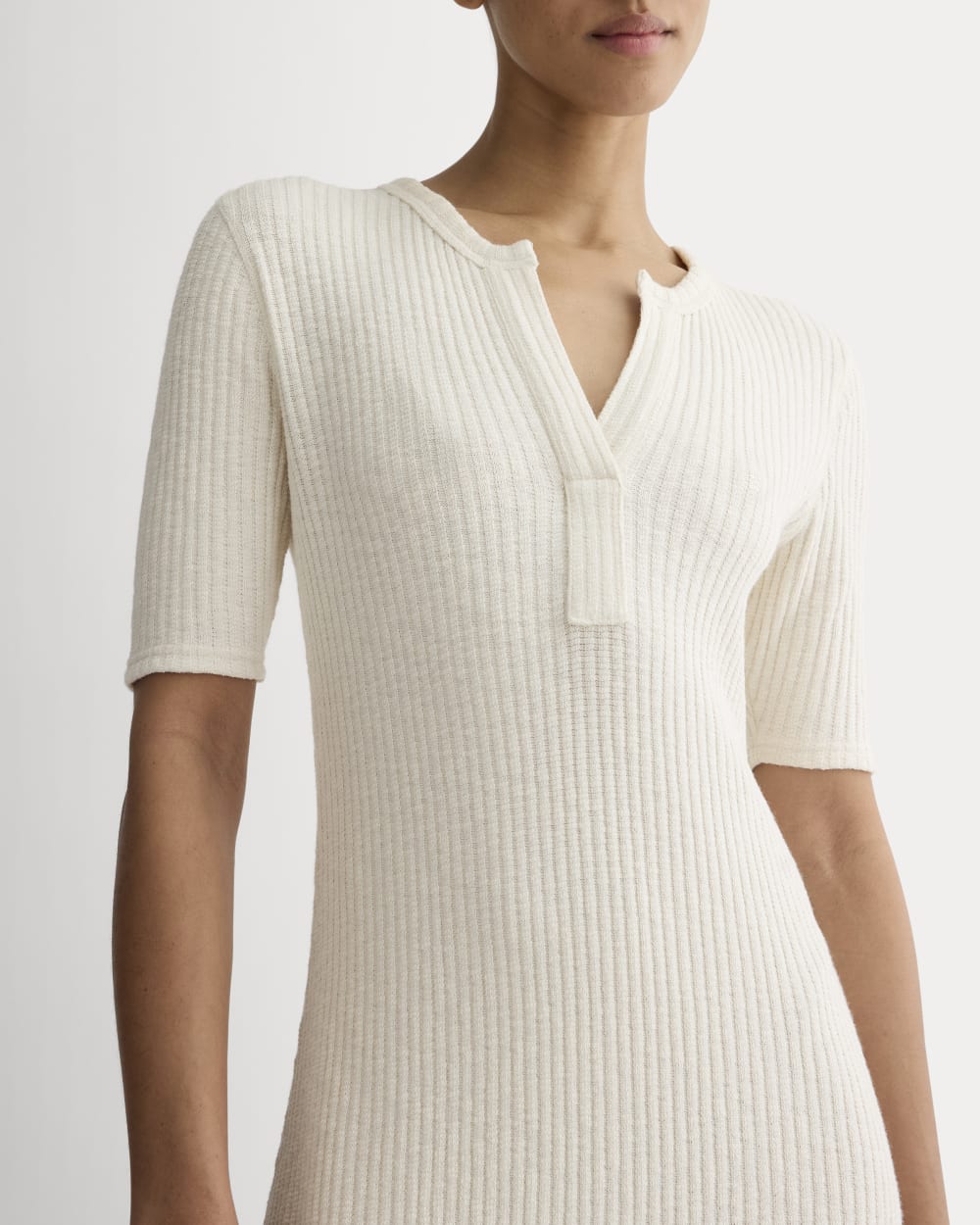 The Rib-Knit Henley Dress in Bone — detail view