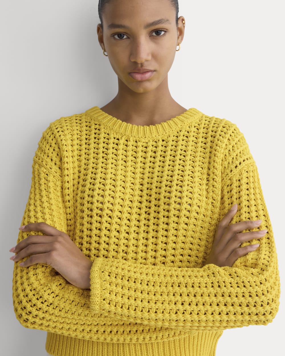 Open-Knit Crew in Elevated Cotton in Passion Fruit — detail view