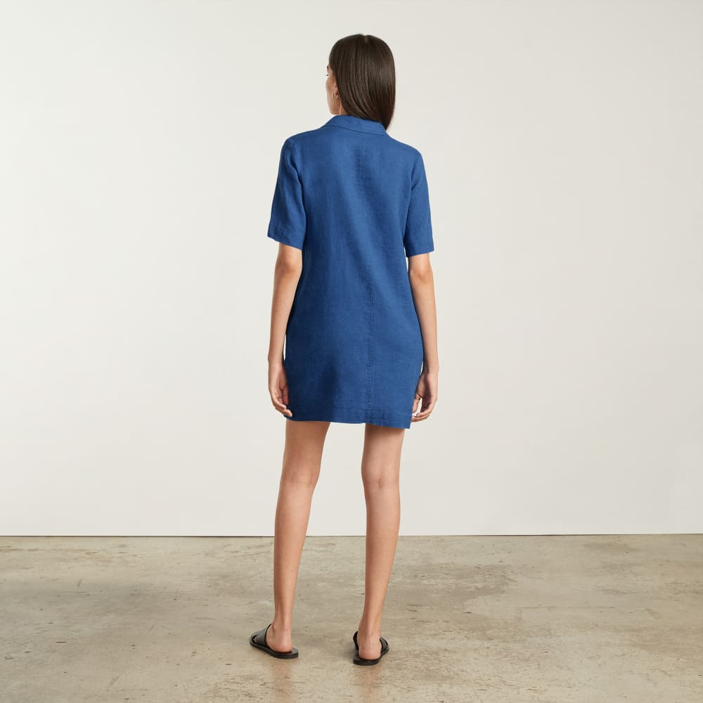 The Linen Workwear Dress in Deep Blue — detail view