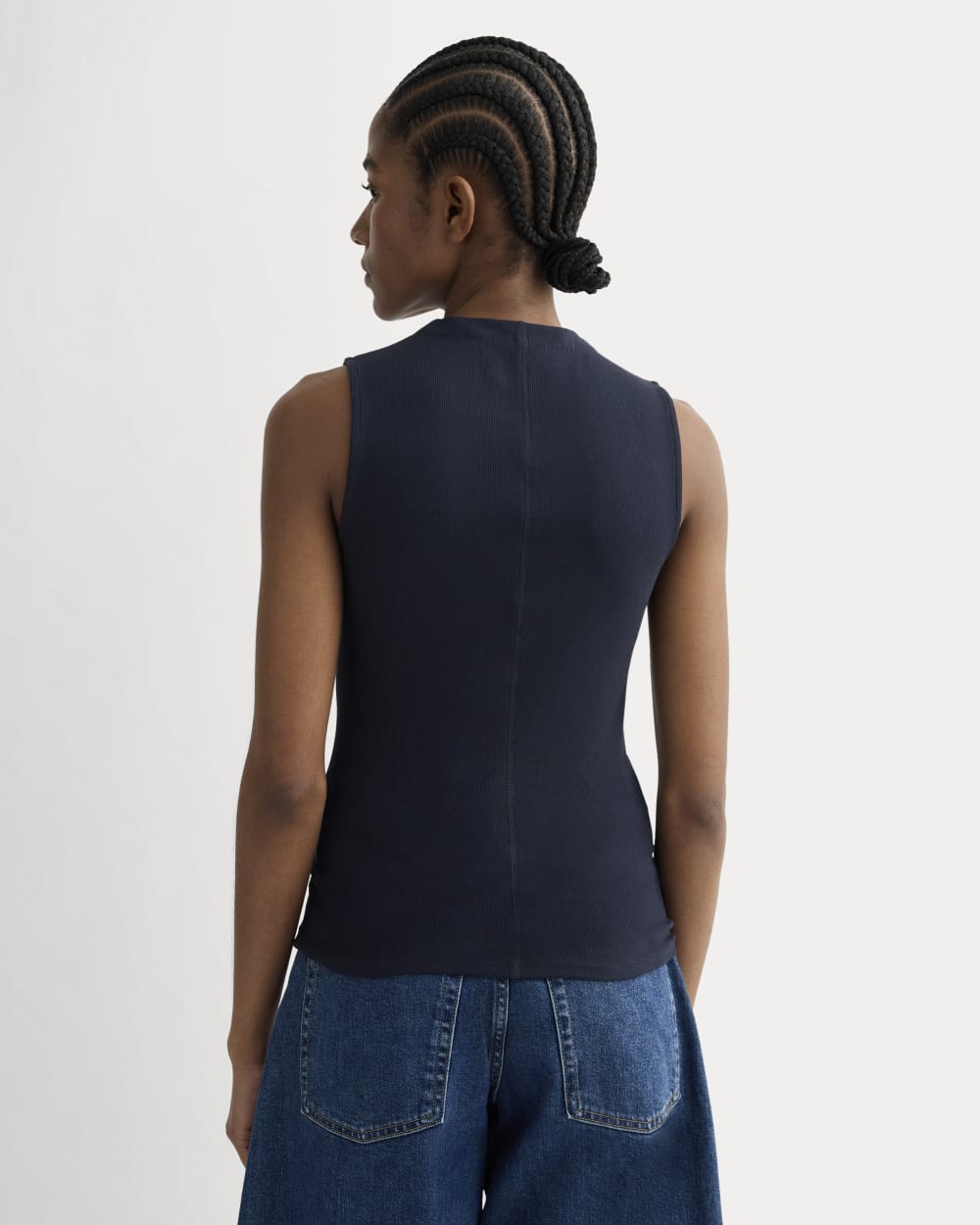 The Luxe Rib Funnel-Neck Tank in Navy — detail view