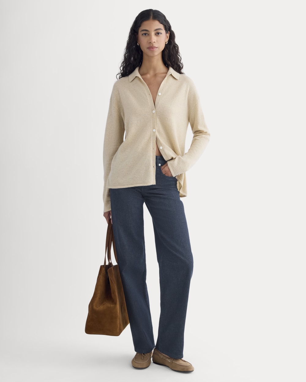Cashmere Button-Up Shirt in Heather Light Camel — detail view