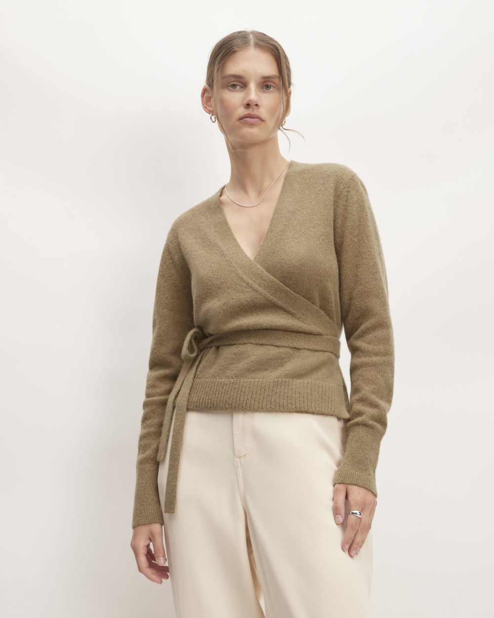 The Alpaca Wrap Sweater in Tiger's Eye — front view