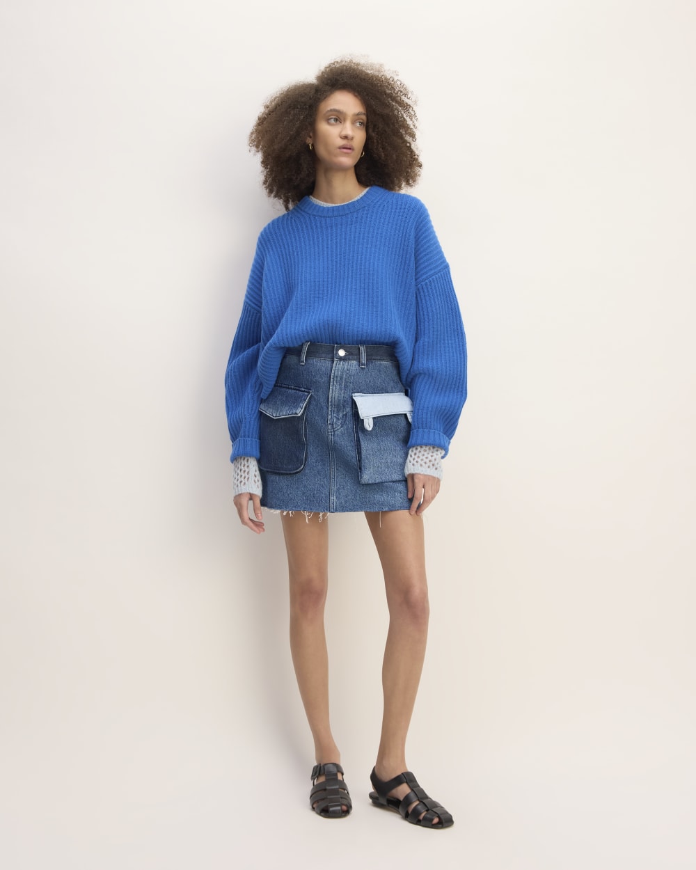 The Everlane x Marques' Almeida Denim Patchwork Mini Skirt in Diamond Blue — detail view