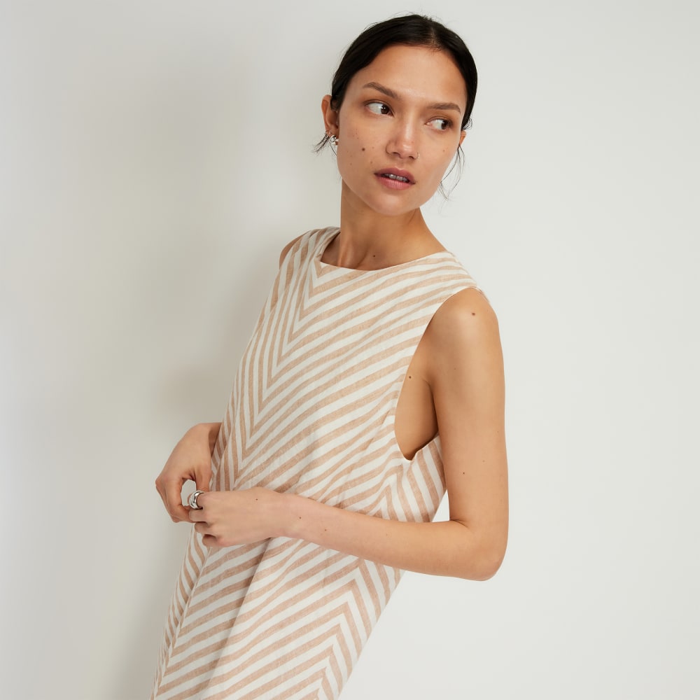 The Linen Bias Cut Dress in Bone / Caramel — detail view