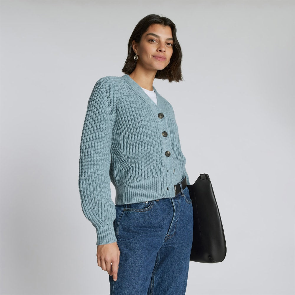 The Texture Cotton Cardigan in Blue Shadow — detail view