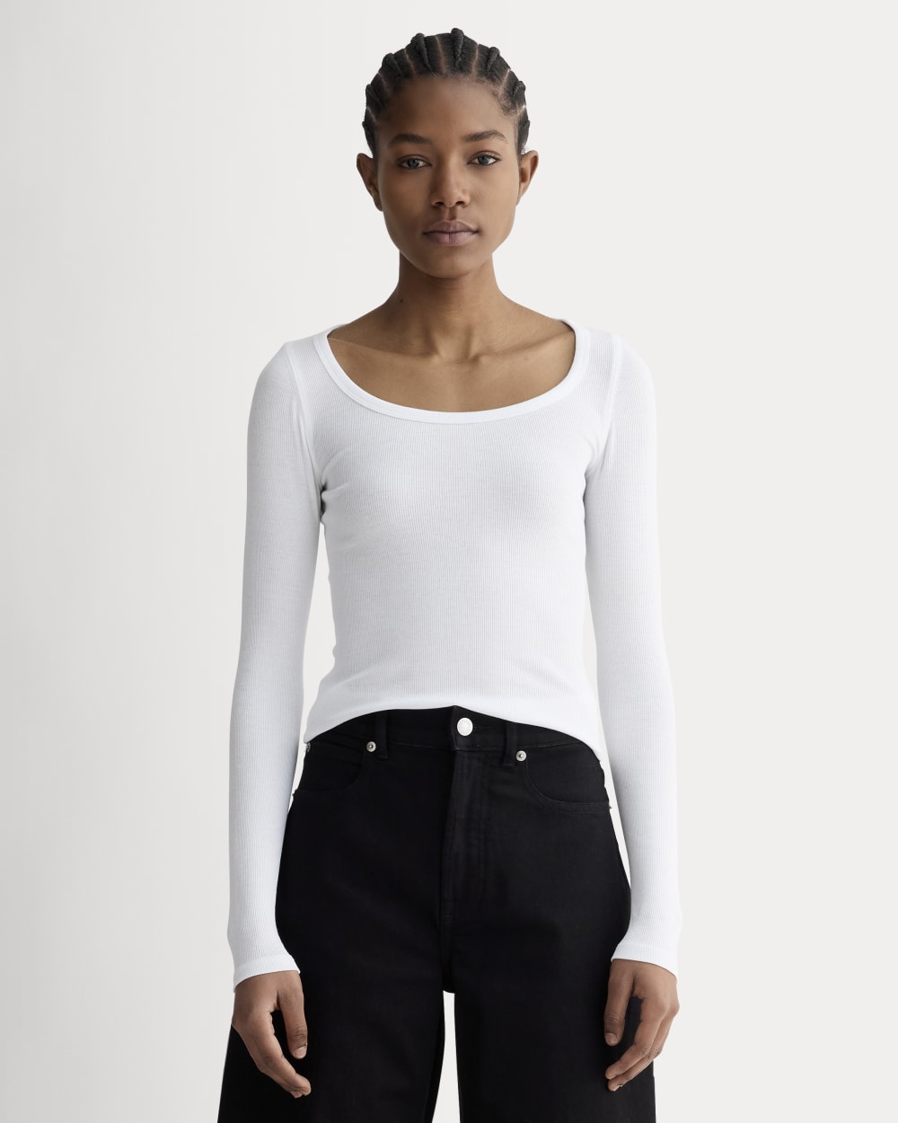 The Luxe Rib Long-Sleeve Scoop-Neck Tee in White — front view