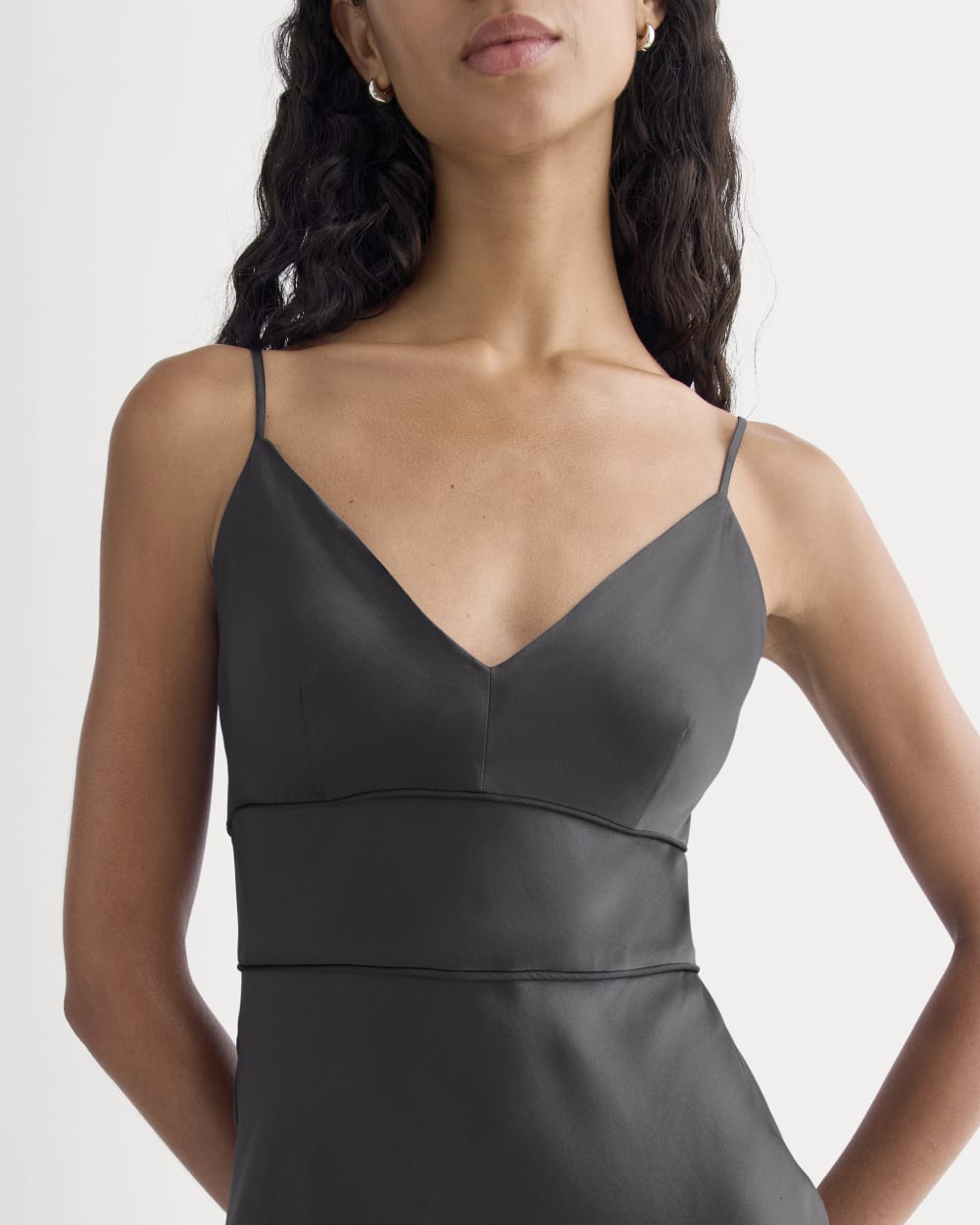 Bias Cut Slip Dress in Silk Charmeuse in Graphite — detail view