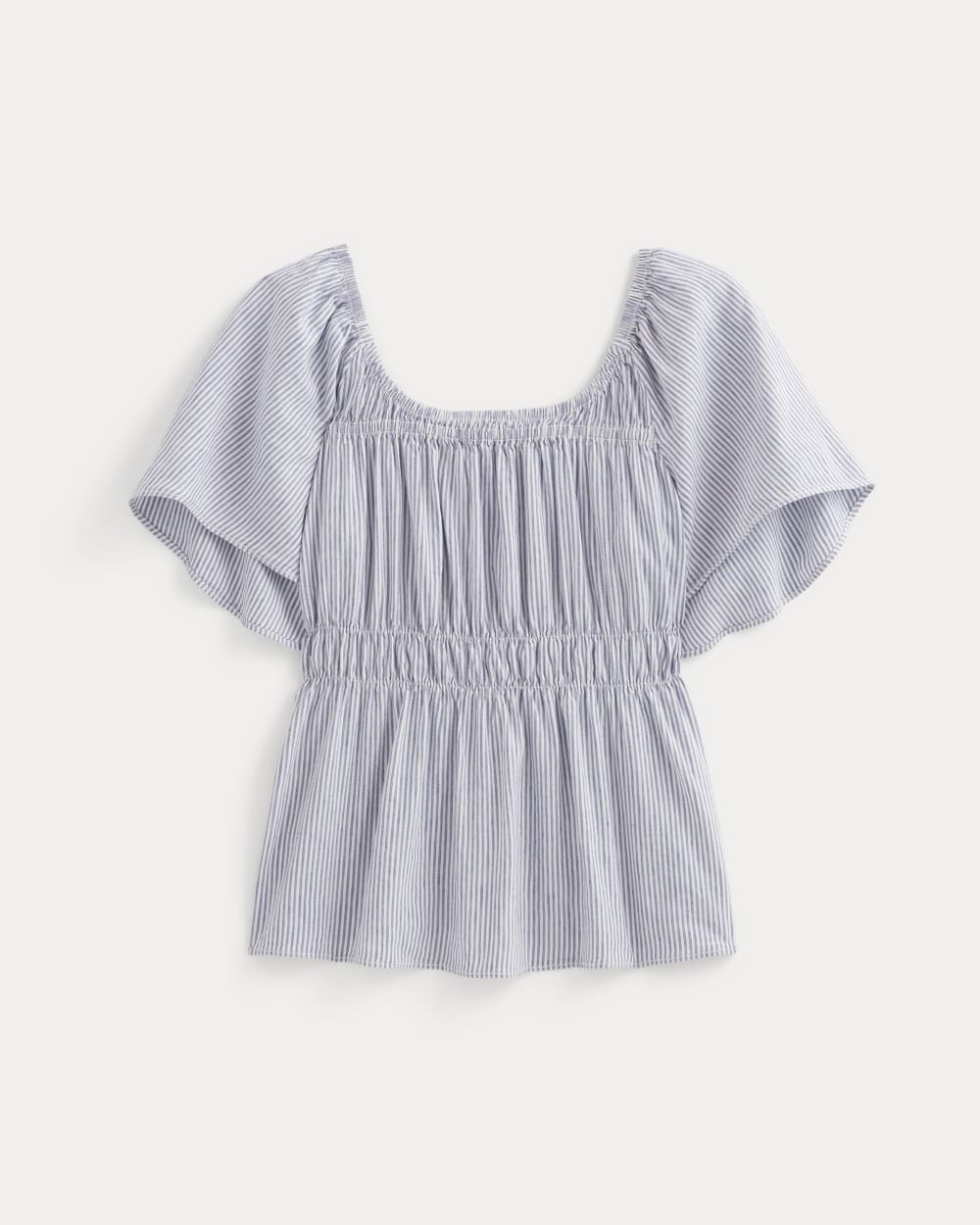 The Flutter-Sleeve Top in Stretch Linen in White / Dutch Blue — alternate view