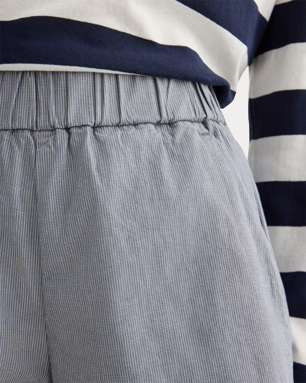 The Easy Short in Dark Denim Pinstripe — detail view