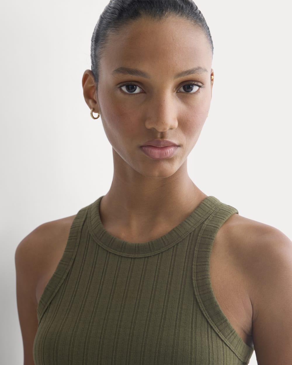 Racerback Tank in Pointelle in Olive Night — detail view