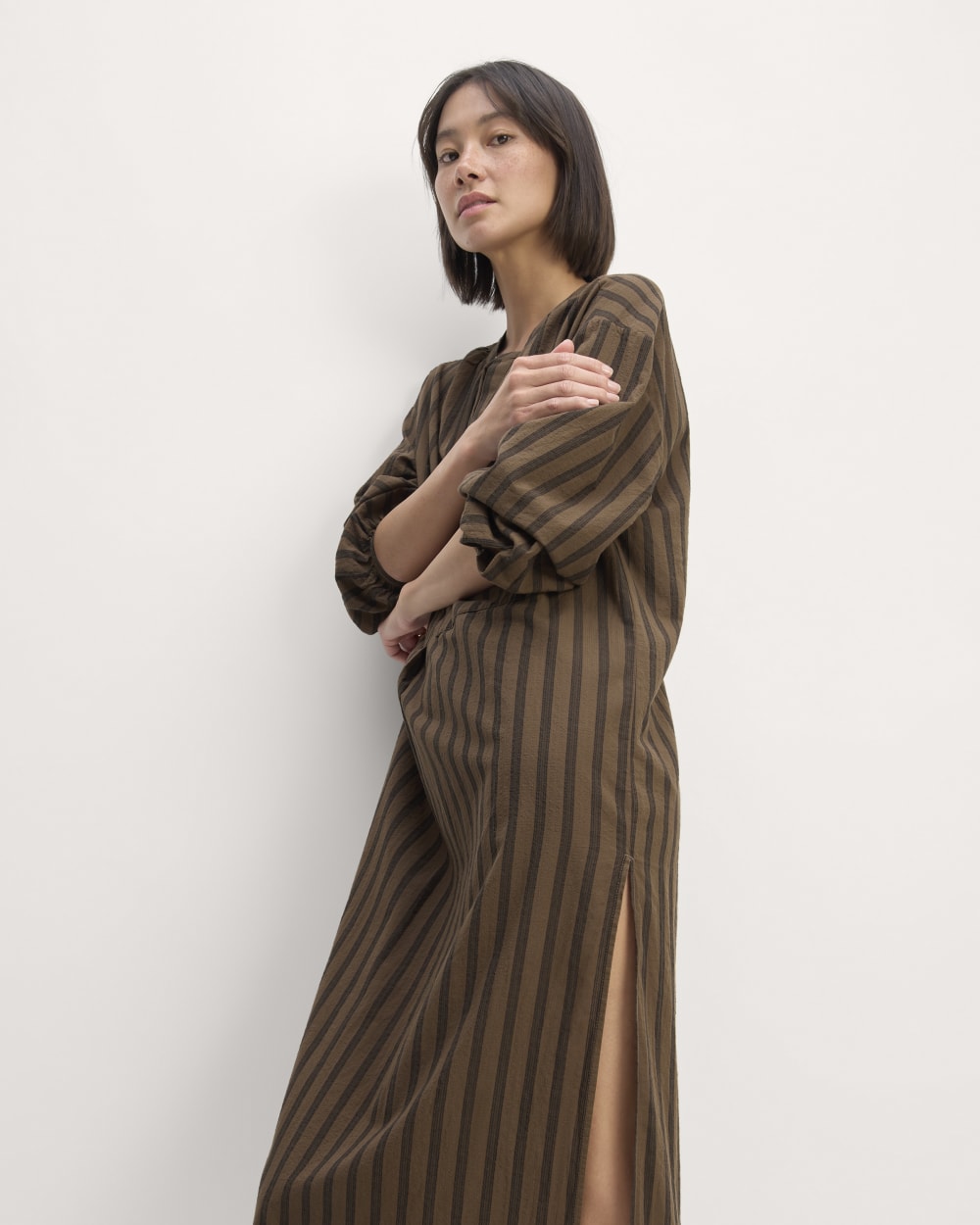 The Gauze Caftan Dress in Cocoa / Black — detail view
