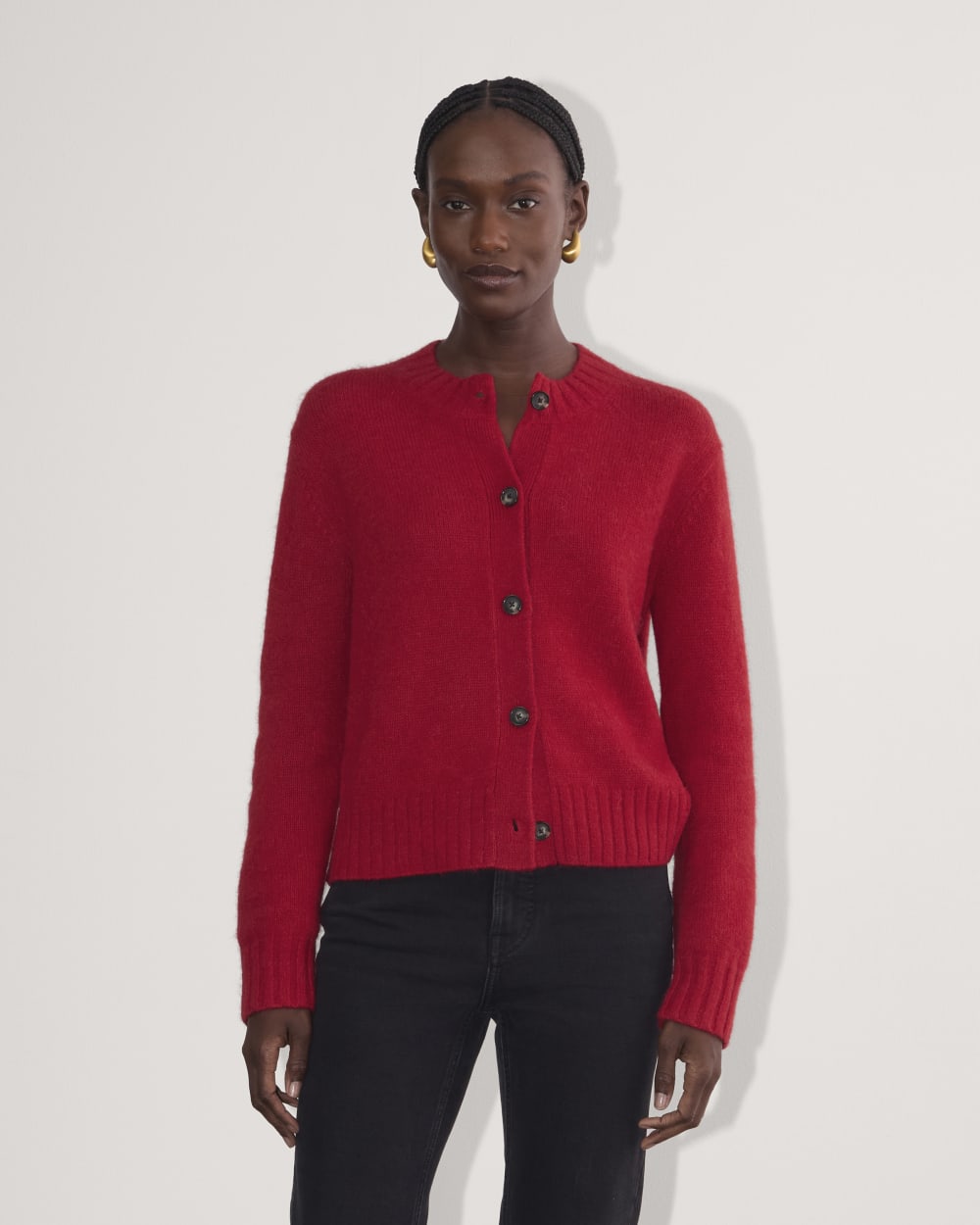The Crew Cardigan in Alpaca in Berry Red — front view
