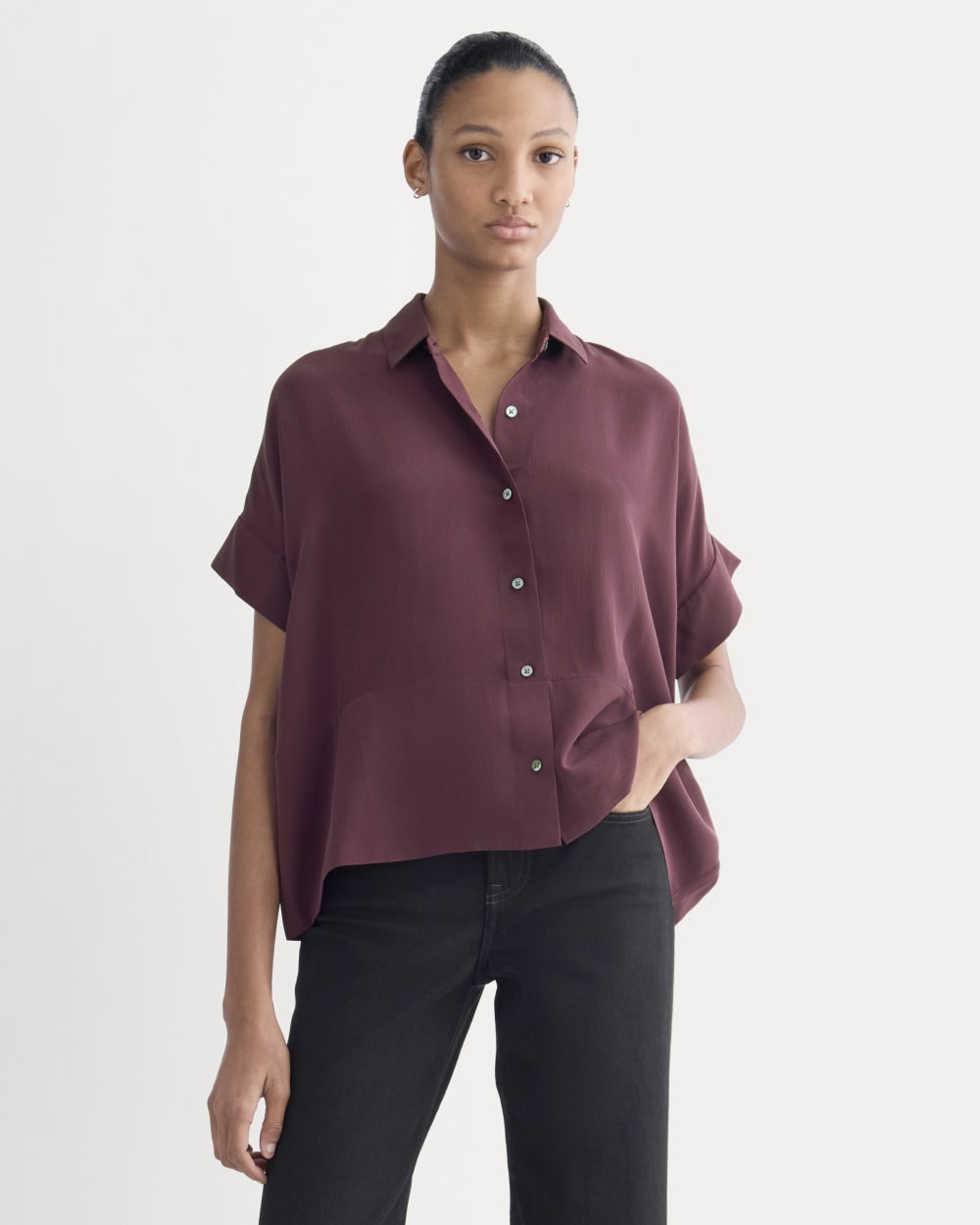 The Boxy Shirt in Washable Silk in Deep Plum — front view