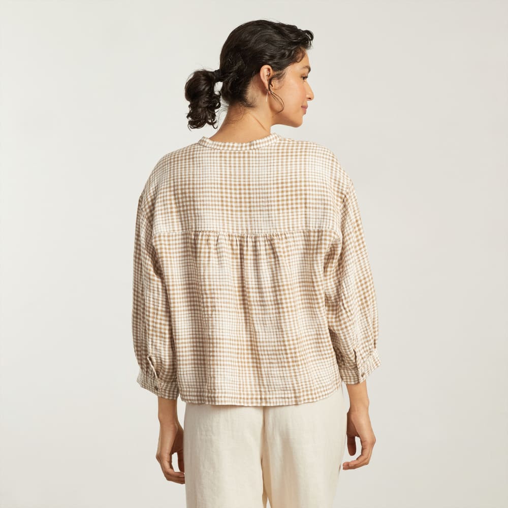 The Linen Billow Blouse in Iced Coffee Grid — detail view