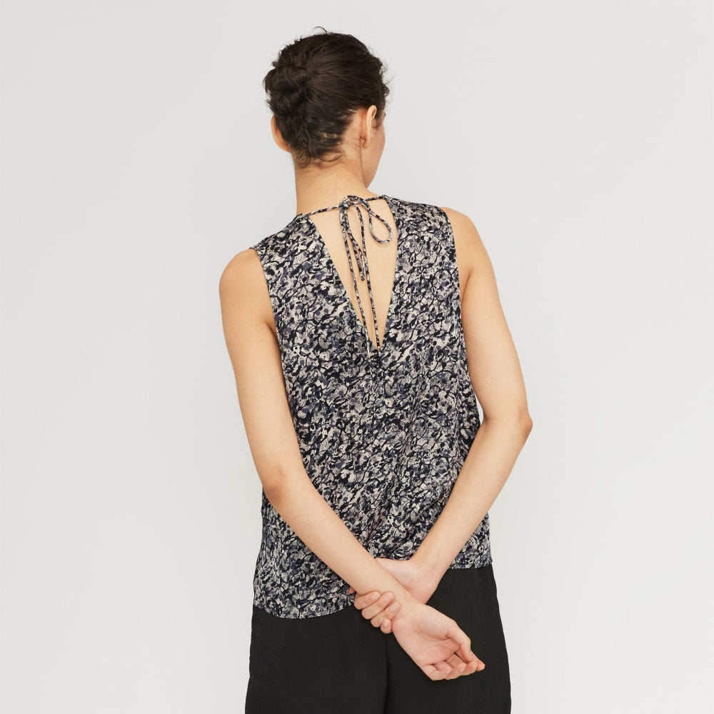 The Satin V-Neck Top in Splatter — detail view